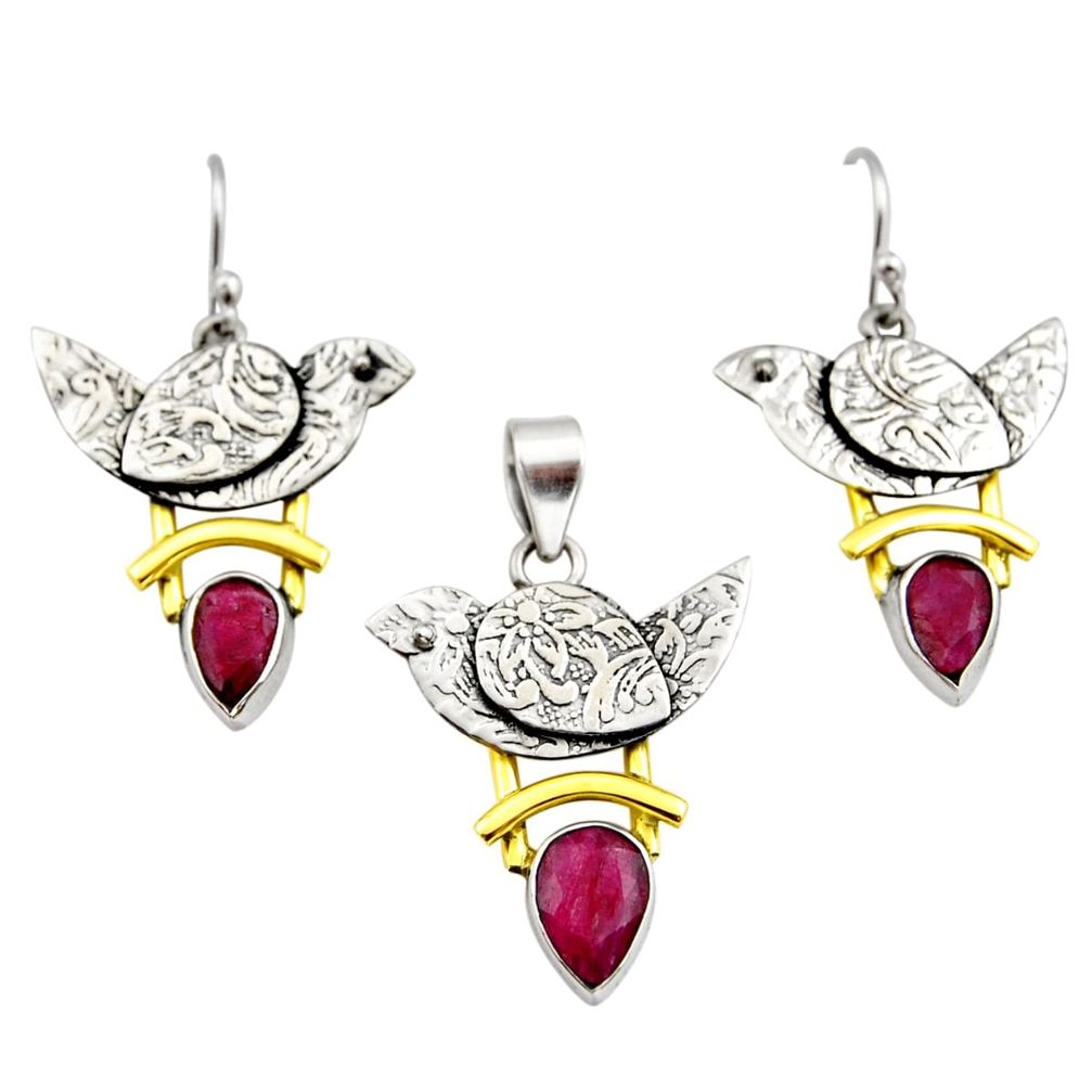 6.48cts victorian natural ruby 925 silver two tone pendant earrings set r12447