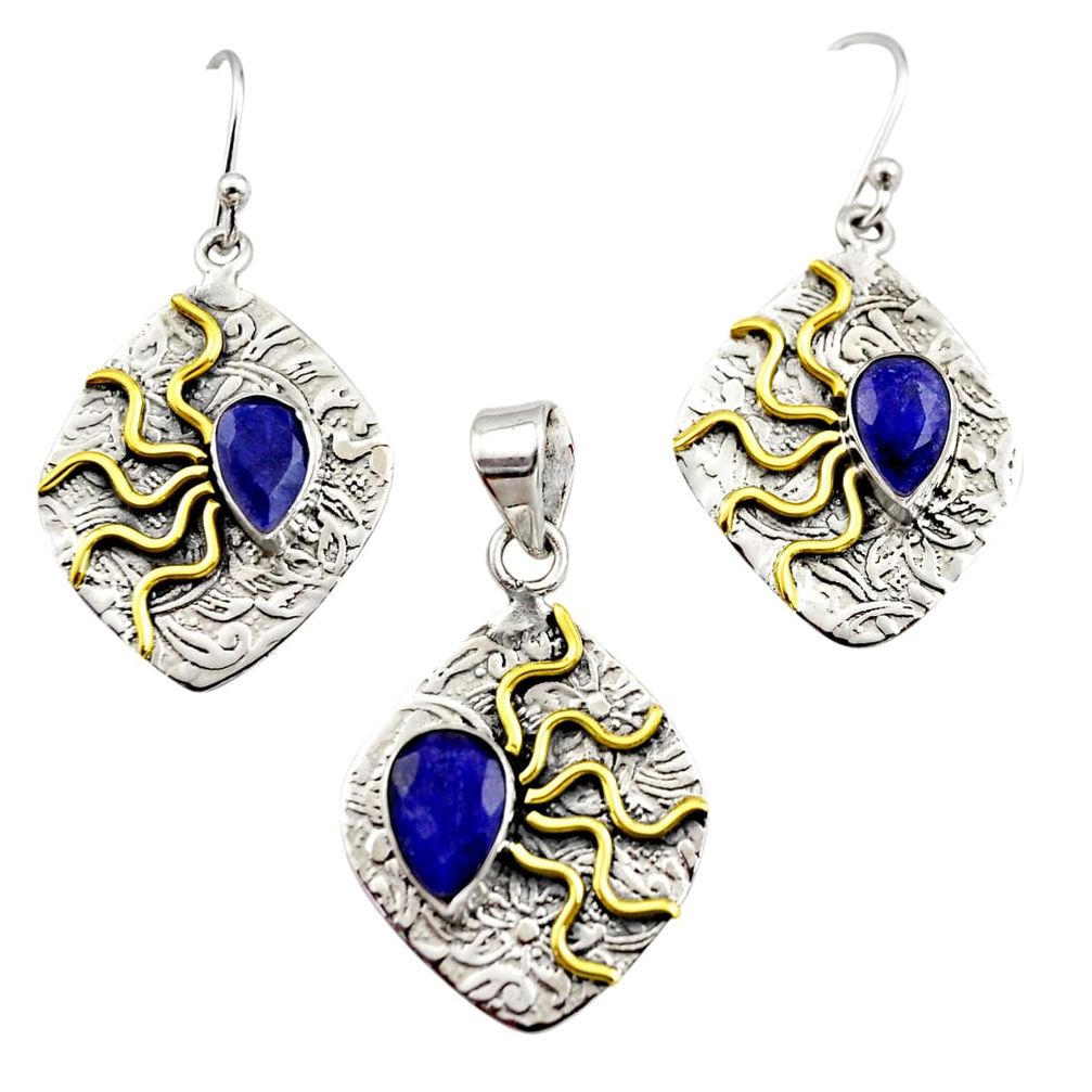 Victorian natural blue sapphire 925 silver two tone pendant earrings set r12449