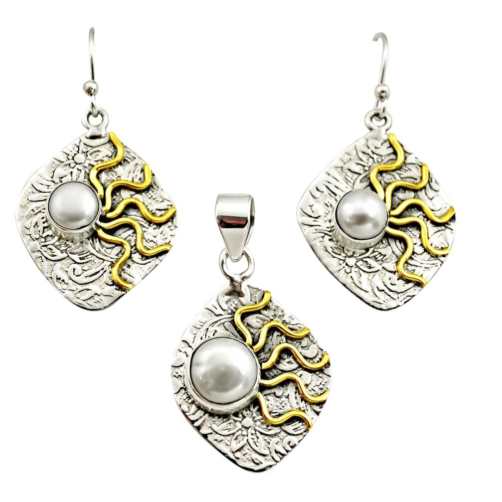 925 silver 5.61cts victorian natural pearl two tone pendant earrings set r12450
