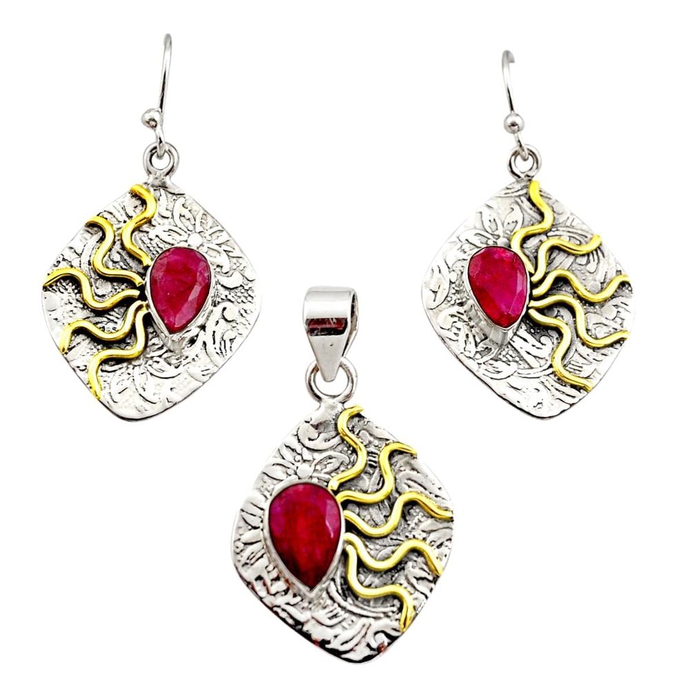 5.52cts victorian natural ruby 925 silver two tone pendant earrings set r12451