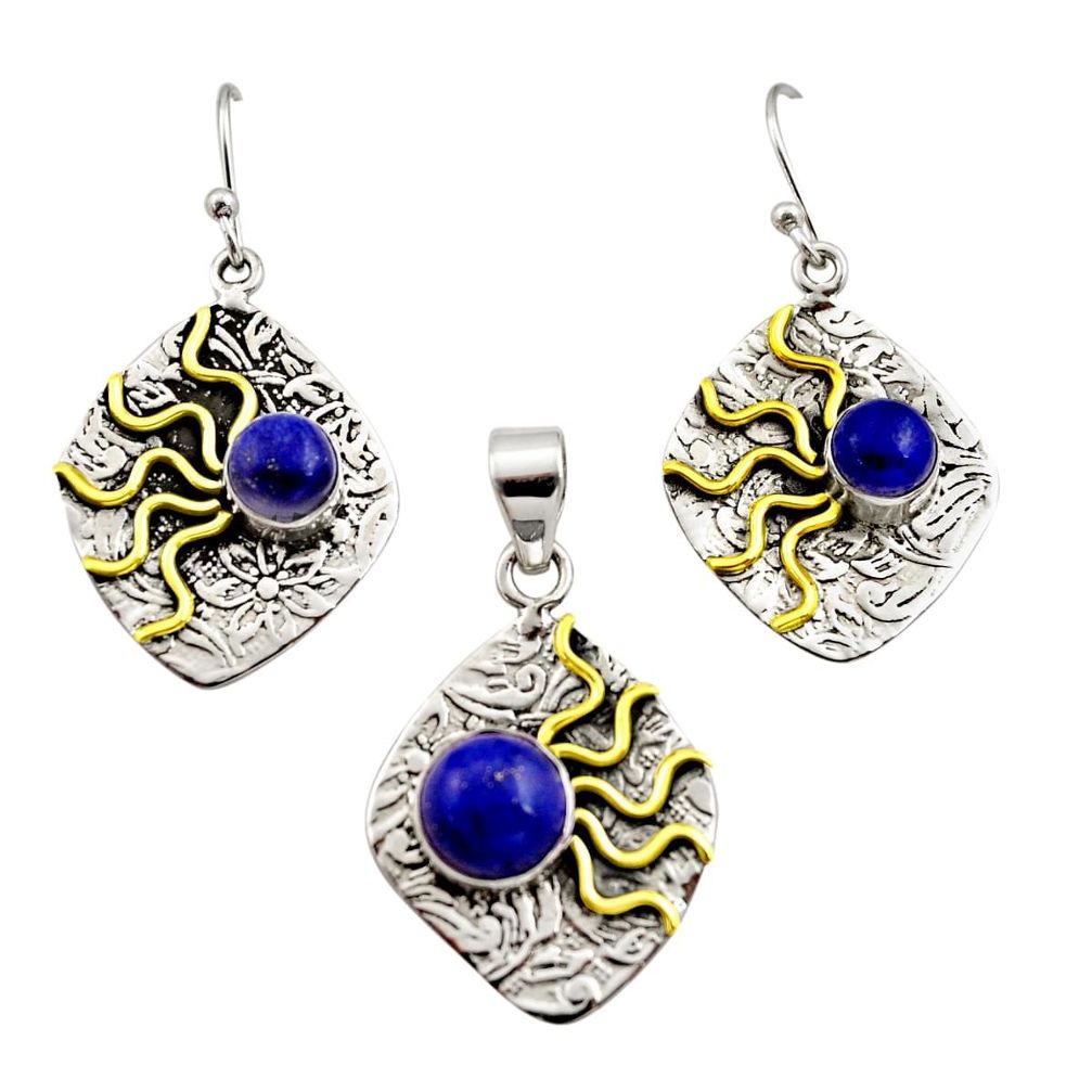 Victorian natural lapis lazuli 925 silver two tone pendant earrings set r12452