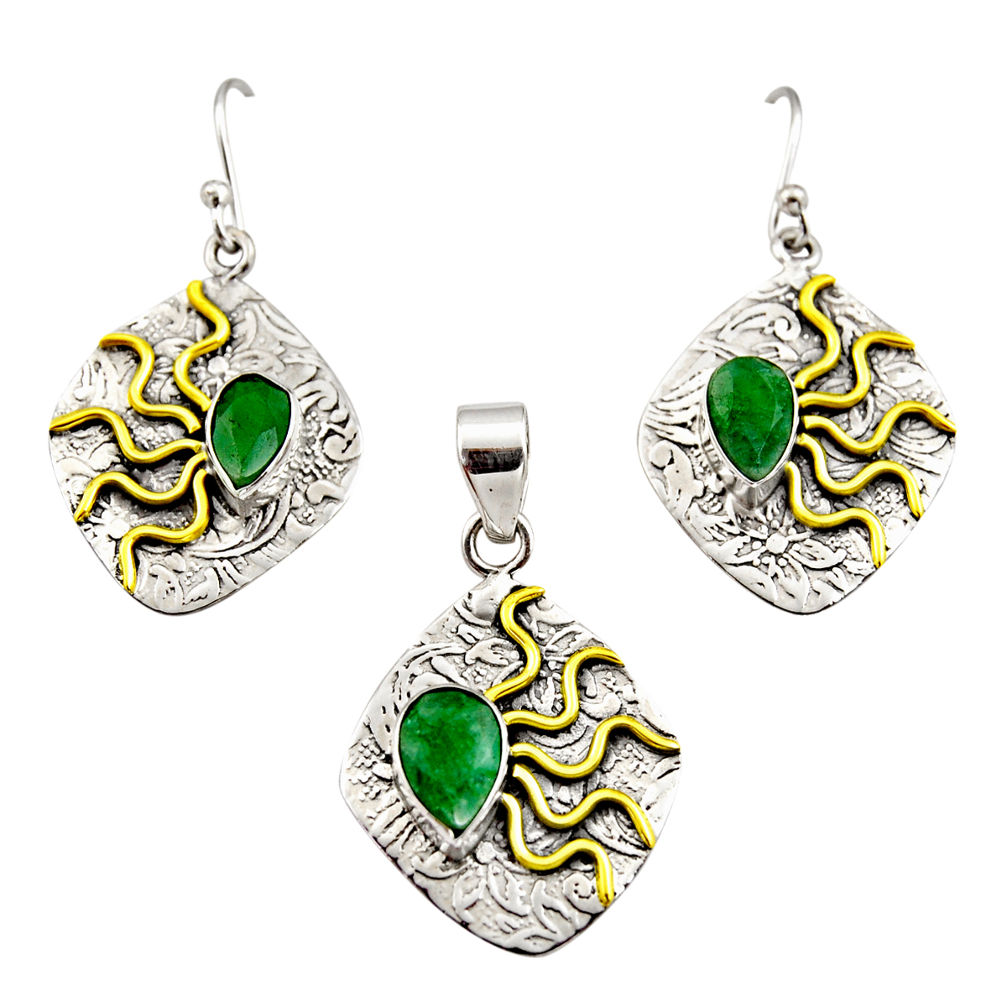 5.52cts victorian natural emerald silver two tone pendant earrings set r12453