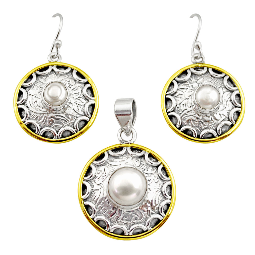 5.69cts victorian natural pearl 925 silver two tone pendant earrings set r12454