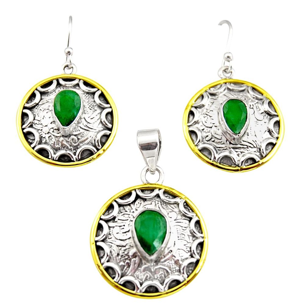 925 silver victorian natural green emerald two tone pendant earrings set r12456