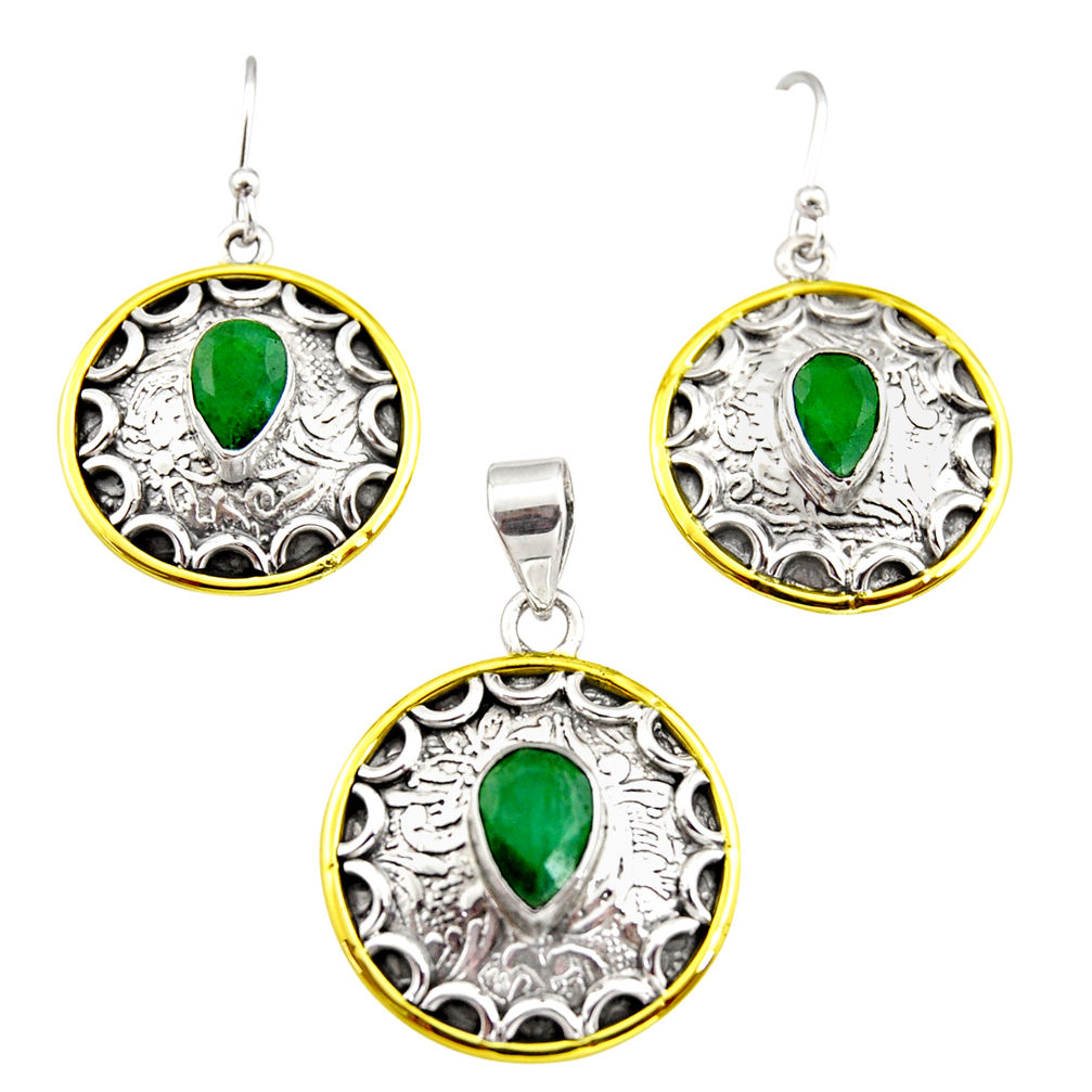 6.31cts victorian natural emerald silver two tone pendant earrings set r12457