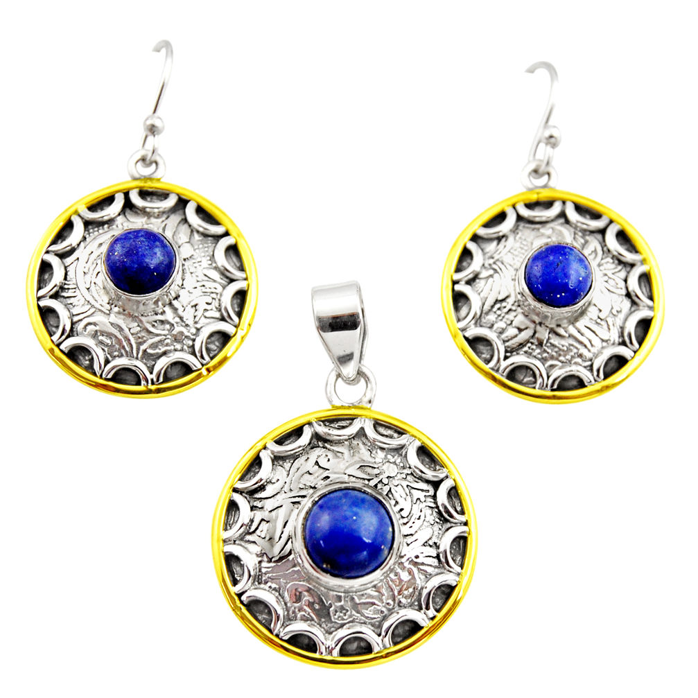 925 silver victorian natural lapis lazuli two tone pendant earrings set r12459