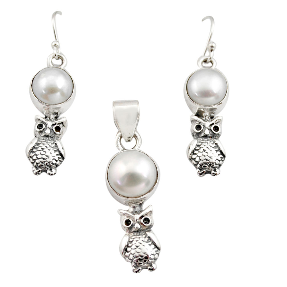 14.77cts natural white pearl 925 sterling silver owl pendant earrings set r12461