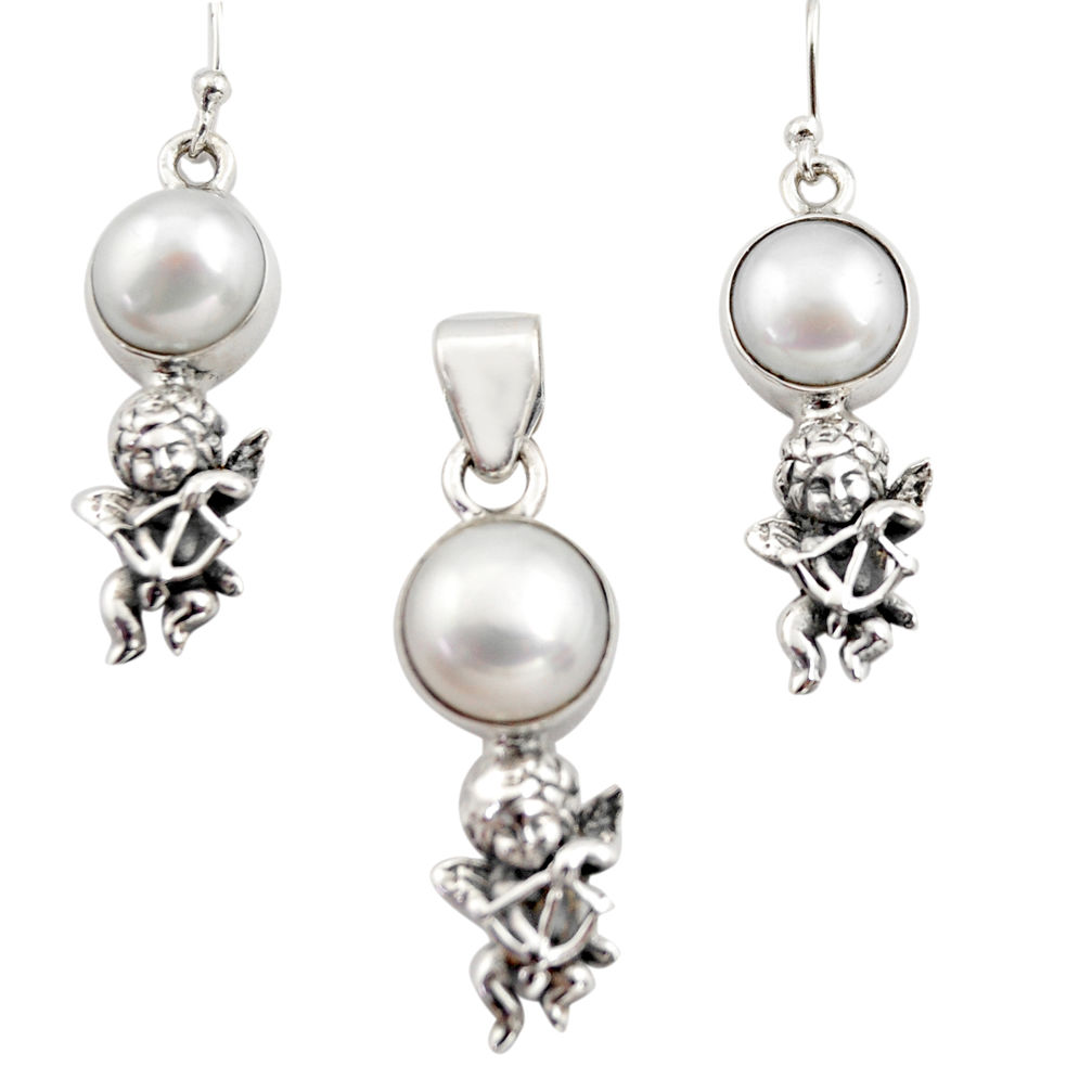 14.54cts natural white pearl 925 silver angel pendant earrings set r12466