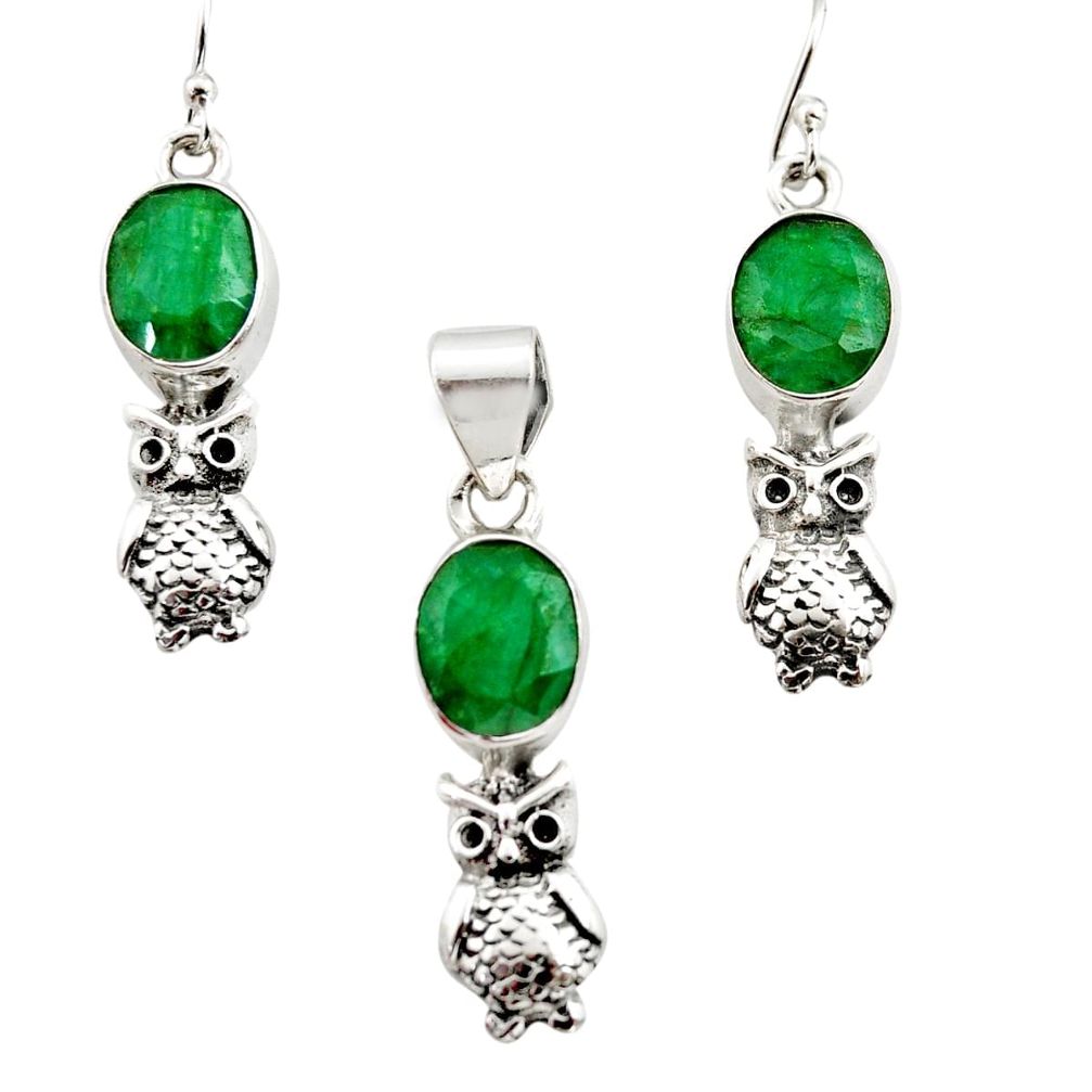 925 silver 11.73cts natural green emerald round owl pendant earrings set r12471