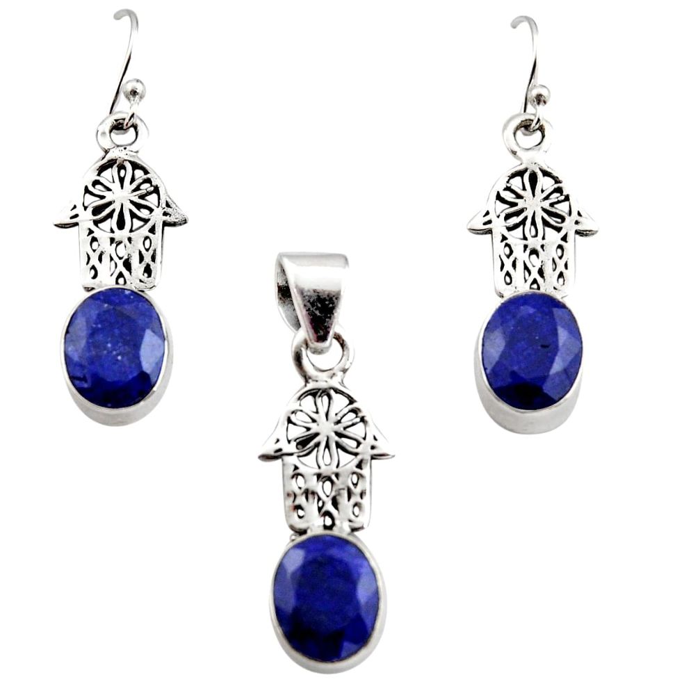 13.22cts natural sapphire silver hand of god hamsa pendant earrings set r12476