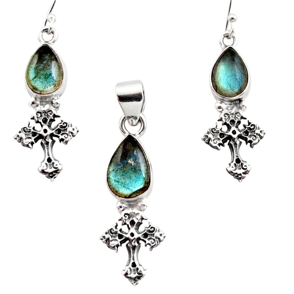 11.73cts natural blue labradorite 925 silver cross pendant earrings set r12478