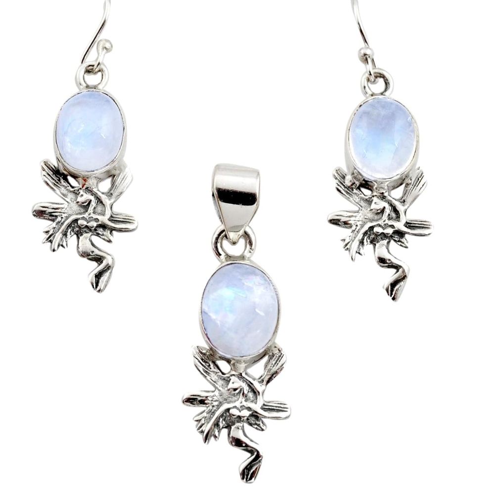 925 silver 11.23cts natural rainbow moonstone angel pendant earrings set r12480