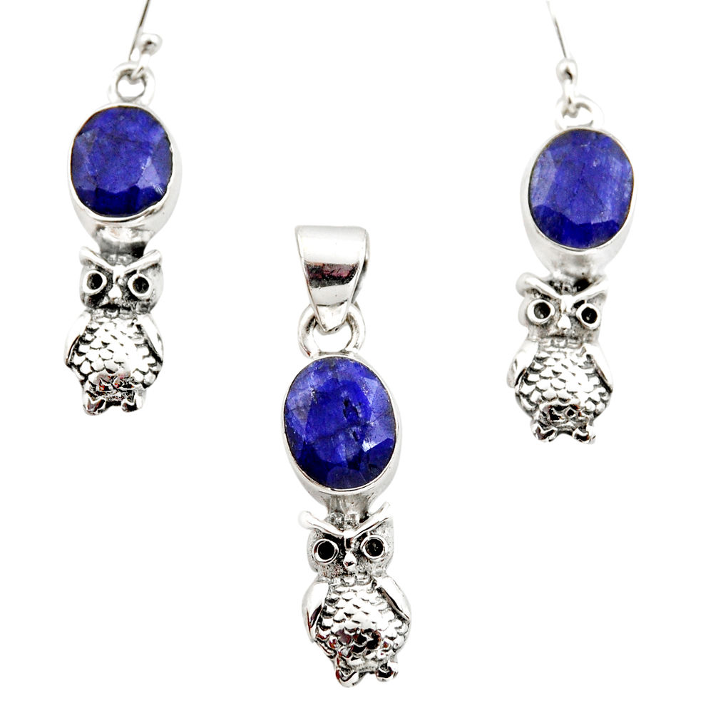 13.34cts natural blue sapphire 925 silver owl pendant earrings set r12482
