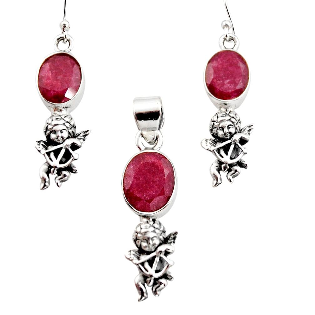 12.04cts natural red ruby 925 sterling silver angel pendant earrings set r12485