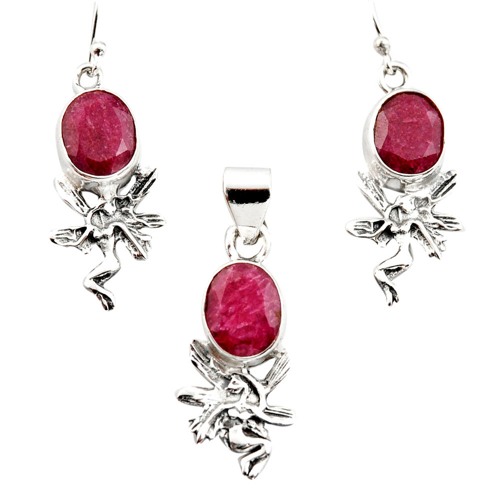 12.72cts natural red ruby 925 sterling silver angel pendant earrings set r12486