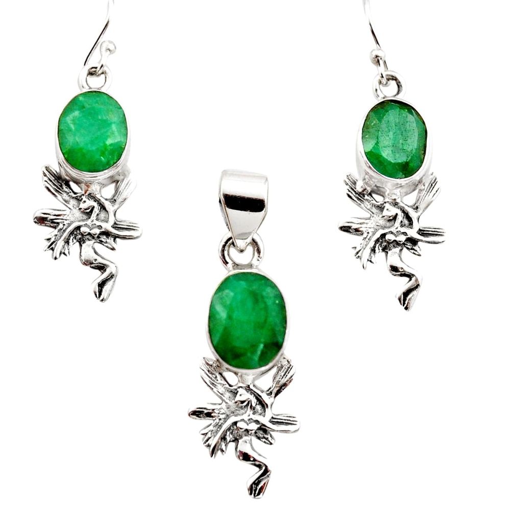 12.70cts natural green emerald 925 silver angel pendant earrings set r12489