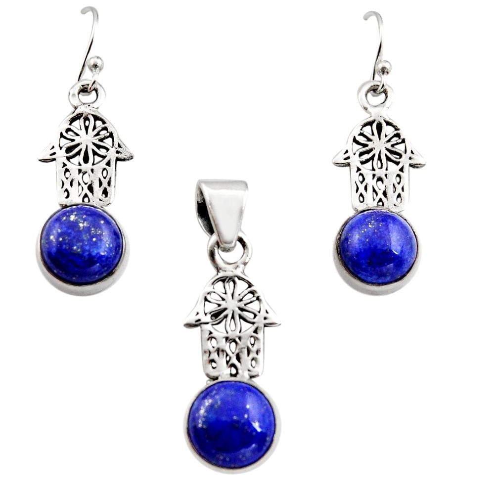 Natural lapis lazuli 925 silver hand of god hamsa pendant earrings set r12490