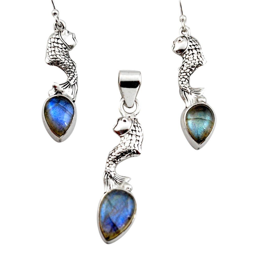 925 silver 12.64cts natural blue labradorite fish pendant earrings set r12495