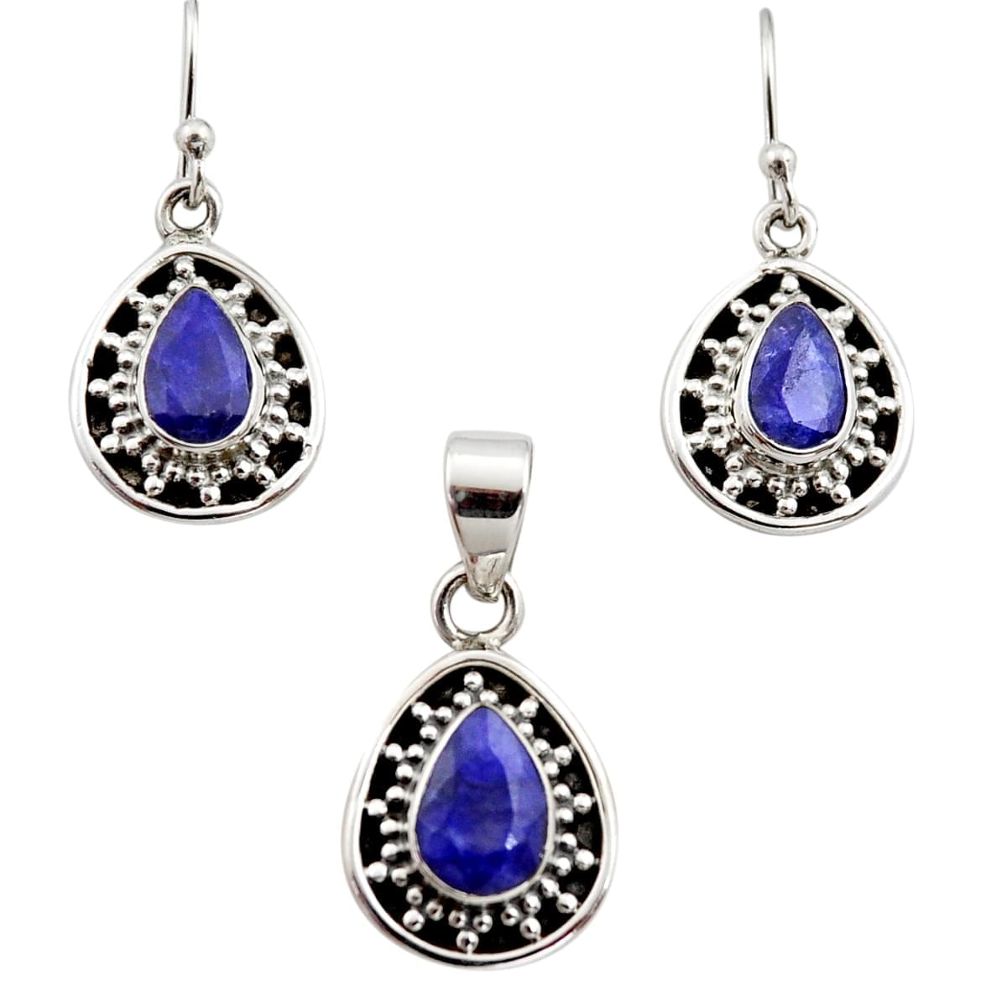 925 silver 6.80cts natural blue sapphire pear shape pendant earrings set r12501