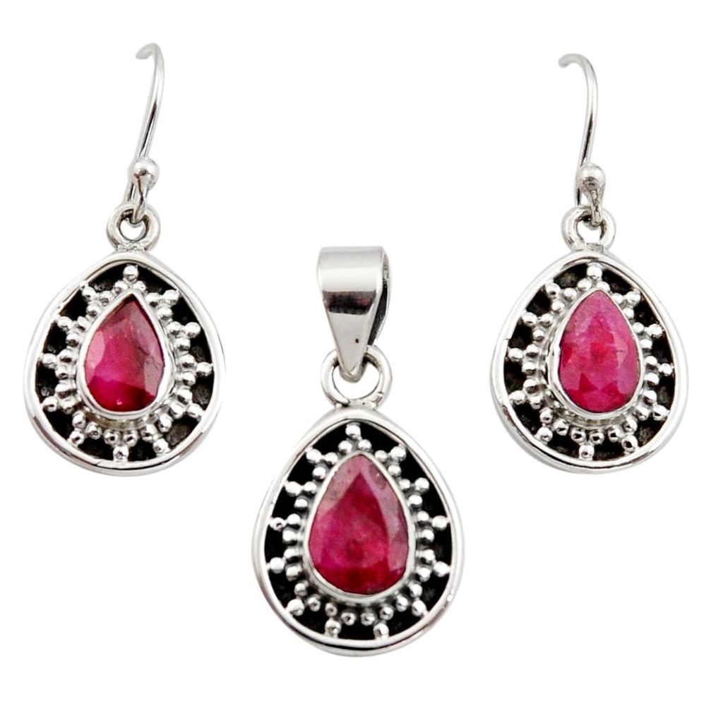 925 sterling silver 6.80cts natural red ruby pear pendant earrings set r12504