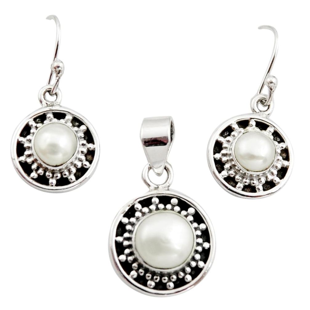 925 silver 5.95cts natural white pearl round shape pendant earrings set r12507