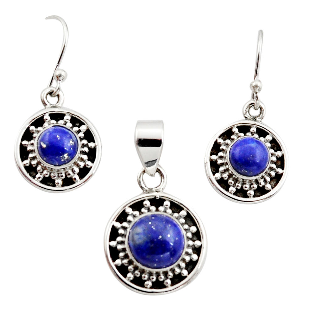 6.17cts natural blue lapis lazuli round 925 silver pendant earrings set r12510