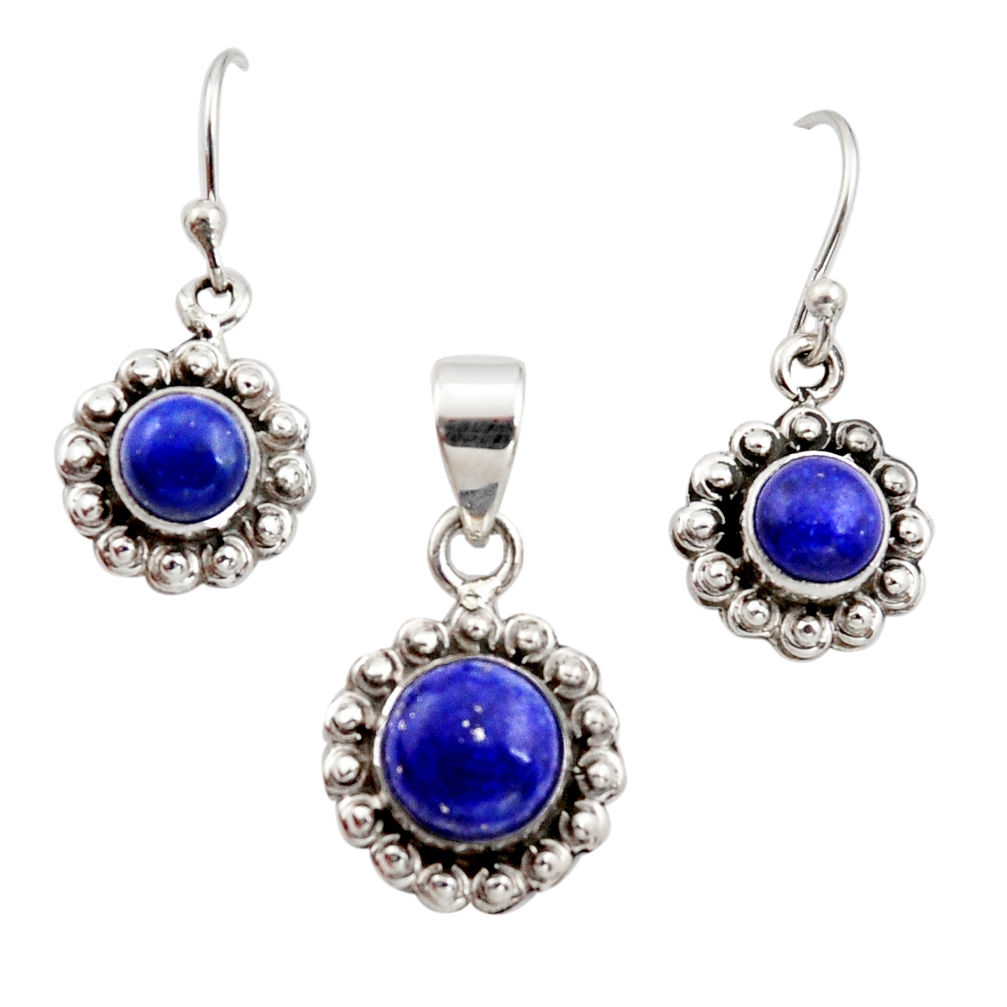 925 silver 5.97cts natural blue lapis lazuli round pendant earrings set r12516