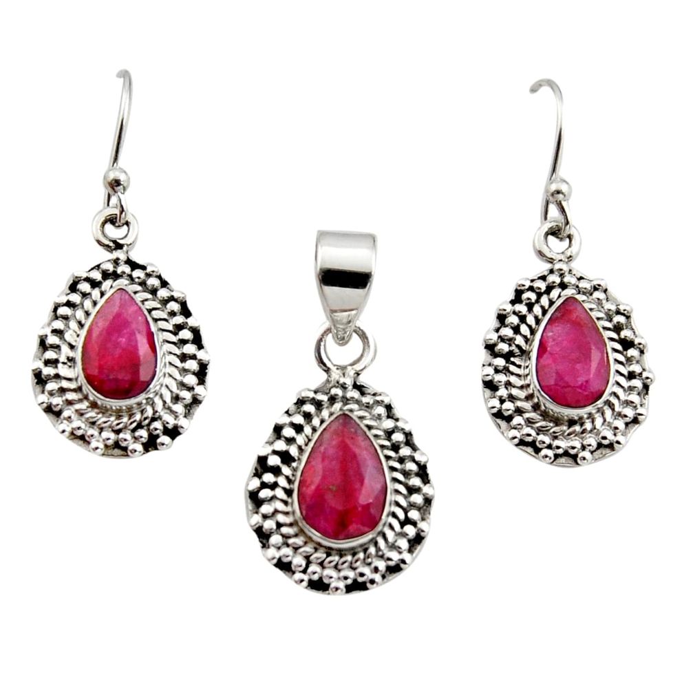 925 sterling silver 7.02cts natural red ruby pear pendant earrings set r12519