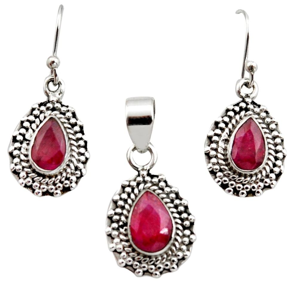 7.02cts natural red ruby 925 sterling silver pendant earrings set jewelry r12520