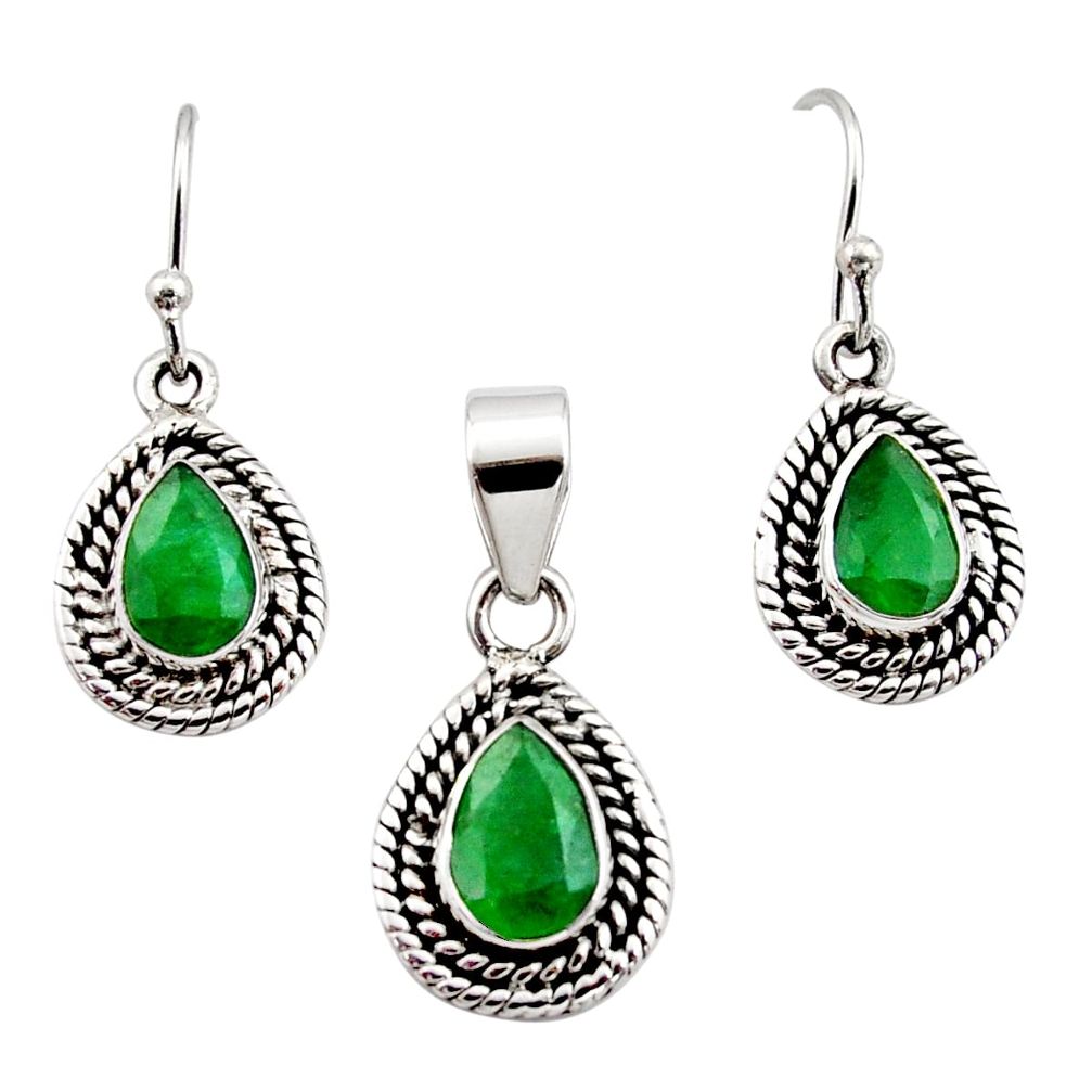 925 silver 5.42cts natural green emerald pear shape pendant earrings set r12524