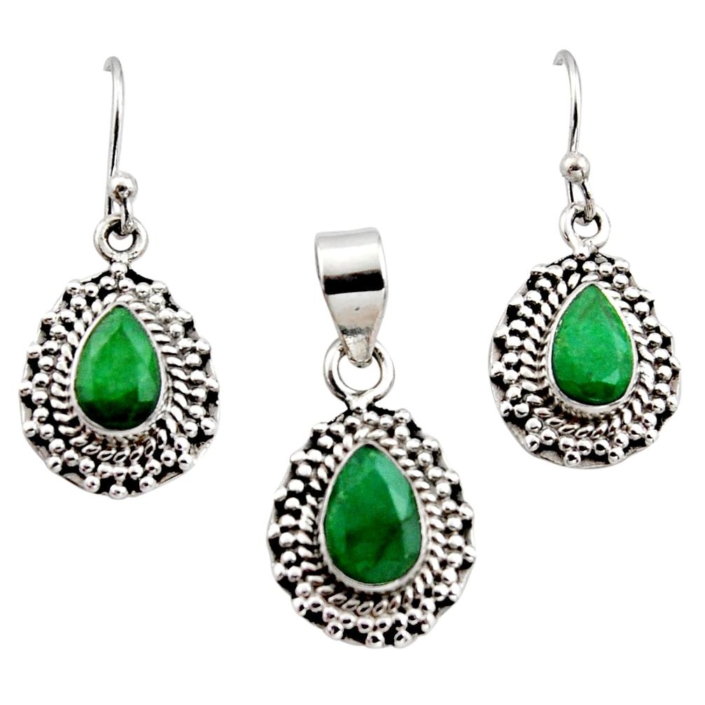 925 silver 6.02cts natural green emerald pear pendant earrings set r12530