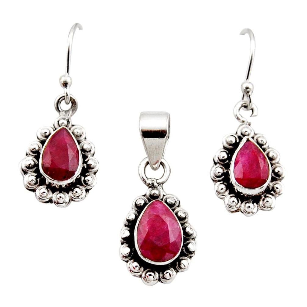 925 sterling silver 4.93cts natural red ruby pendant earrings set jewelry r12533