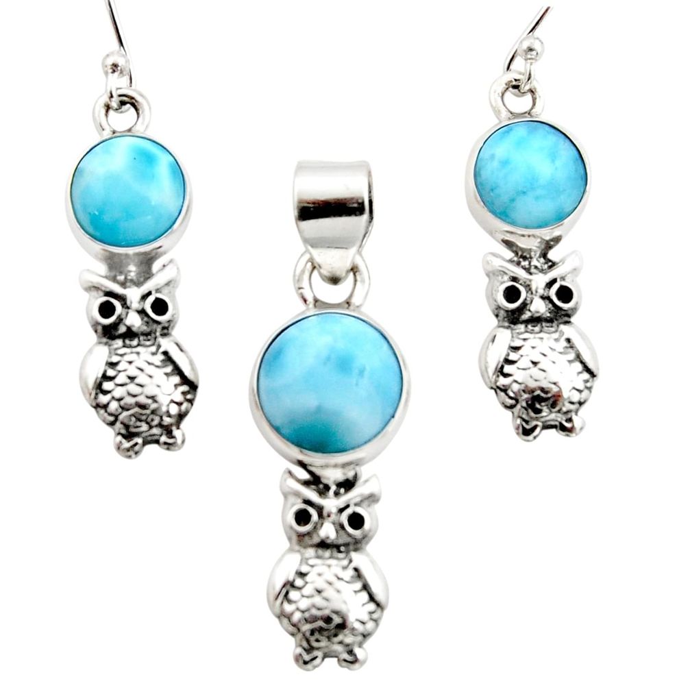 10.44cts natural blue larimar 925 silver owl pendant earrings set r12541