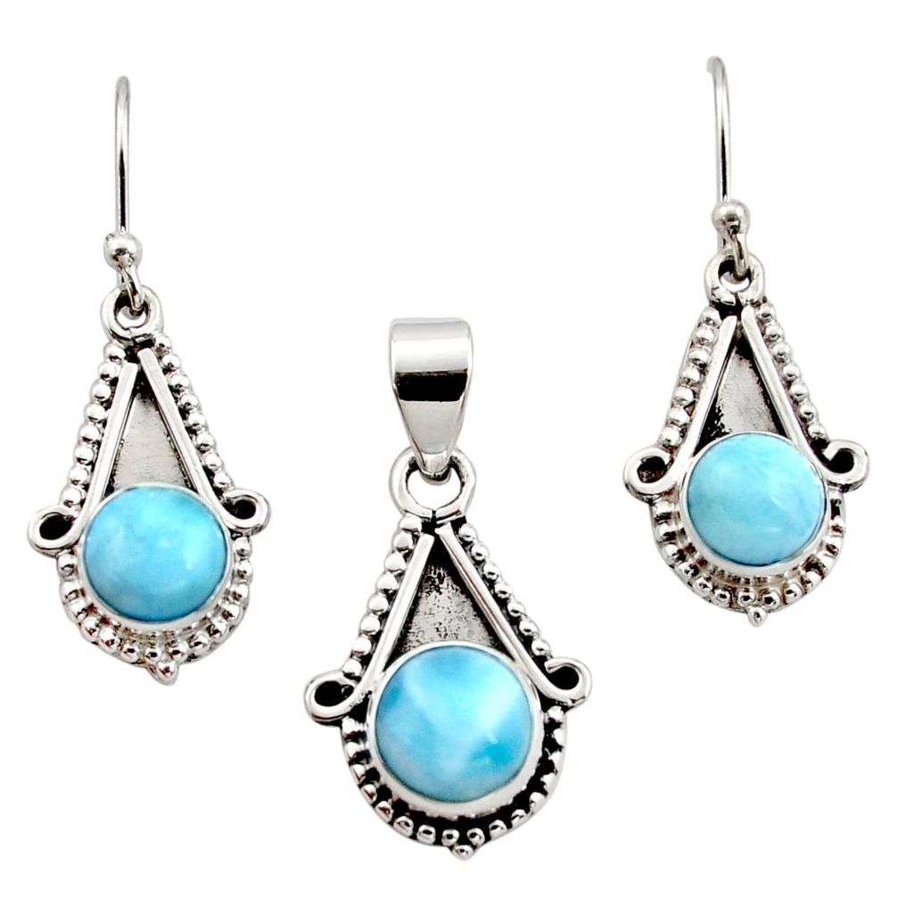 925 silver 6.32cts natural blue larimar round shape pendant earrings set r12544