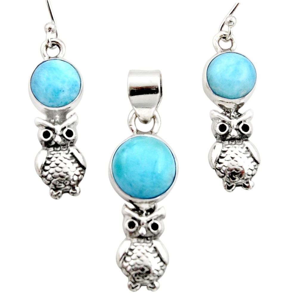 10.74cts natural blue larimar 925 silver owl pendant earrings set r12545