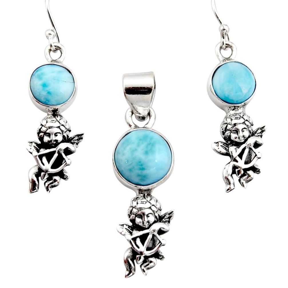 925 silver 10.67cts natural blue larimar angel pendant earrings set r12548