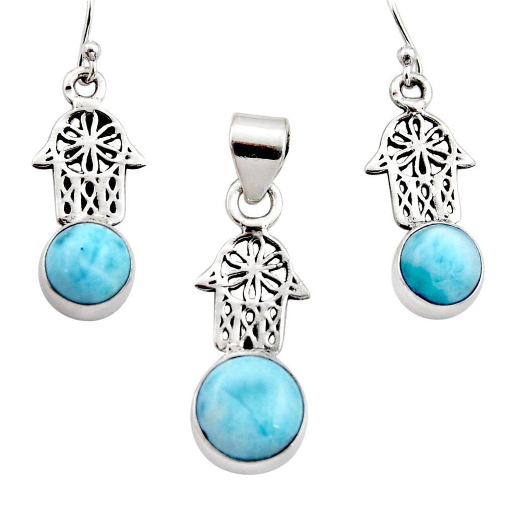 Natural blue larimar 925 silver hand of god hamsa pendant earrings set r12551