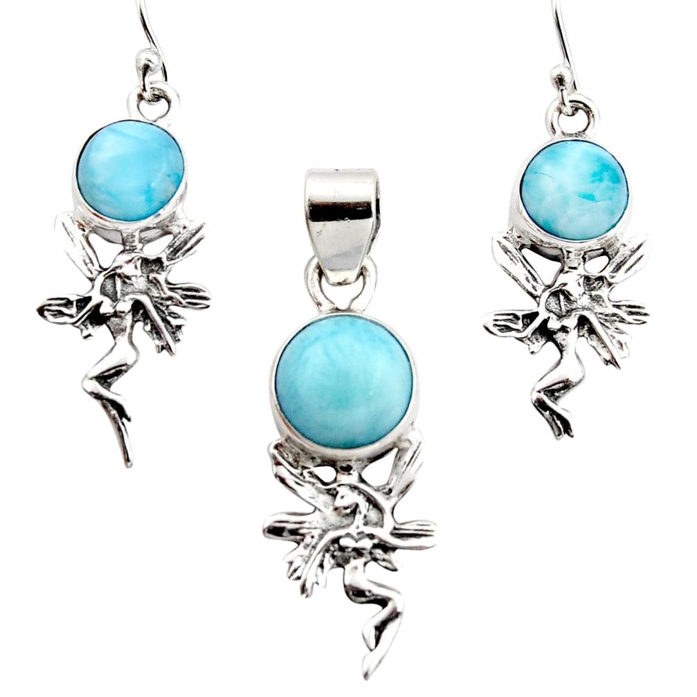 10.89cts natural blue larimar 925 silver angel pendant earrings set r12552