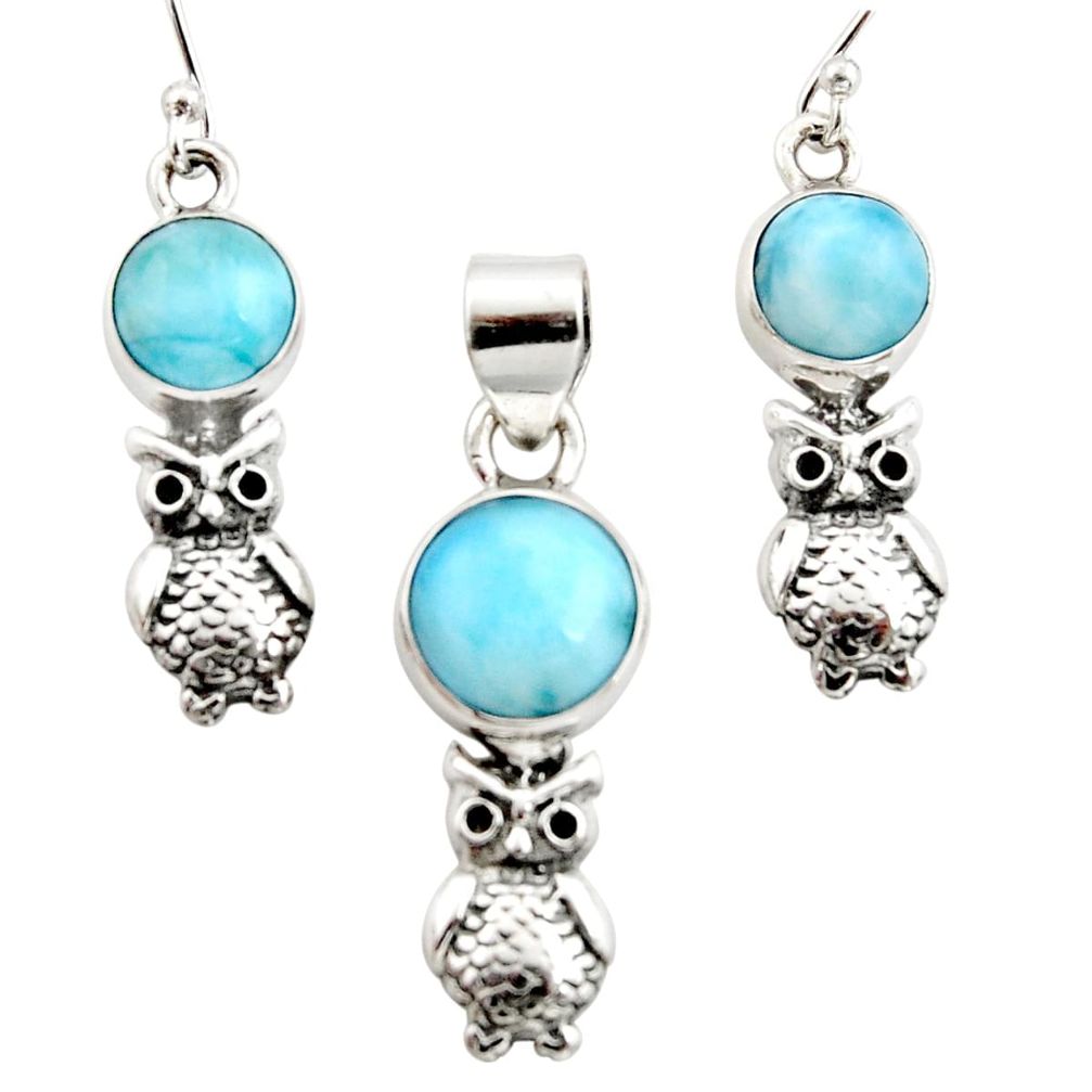 9.91cts natural blue larimar 925 silver owl charm pendant earrings set r12554