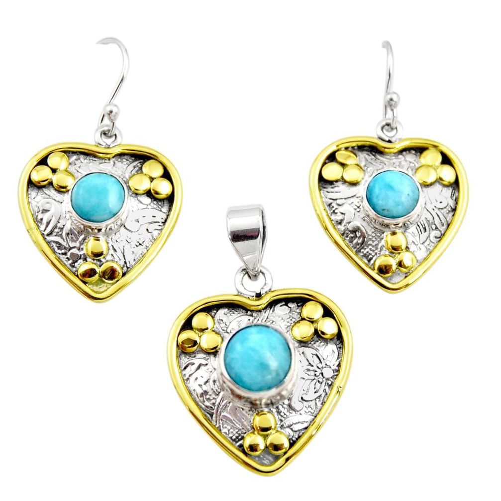 7.62cts victorian natural larimar silver two tone pendant earrings set r12559