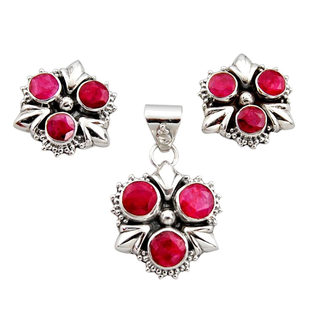 925 sterling silver 9.56cts natural red ruby round pendant earrings set r12567