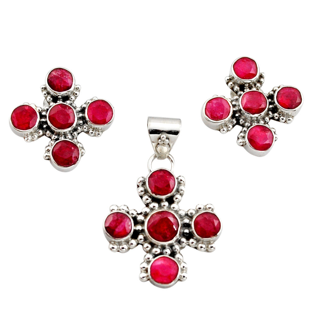 14.16cts natural red ruby 925 sterling silver pendant earrings set r12570