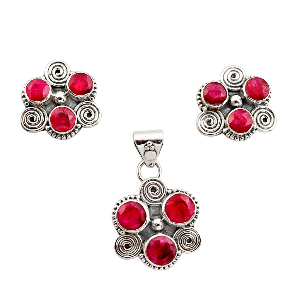 925 sterling silver 9.32cts natural red ruby pendant earrings set jewelry r12571