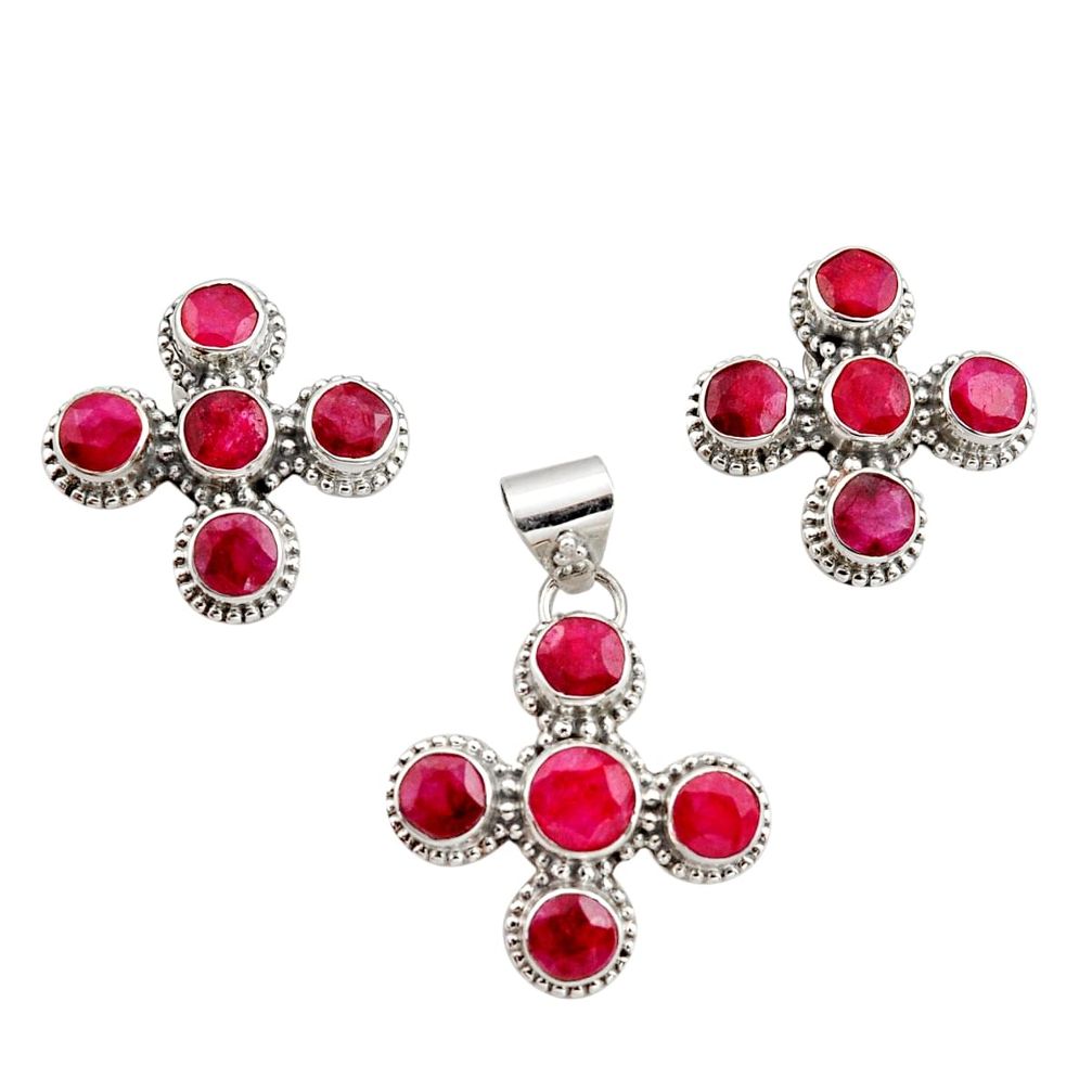 12.86cts natural red ruby 925 sterling silver pendant earrings set r12573