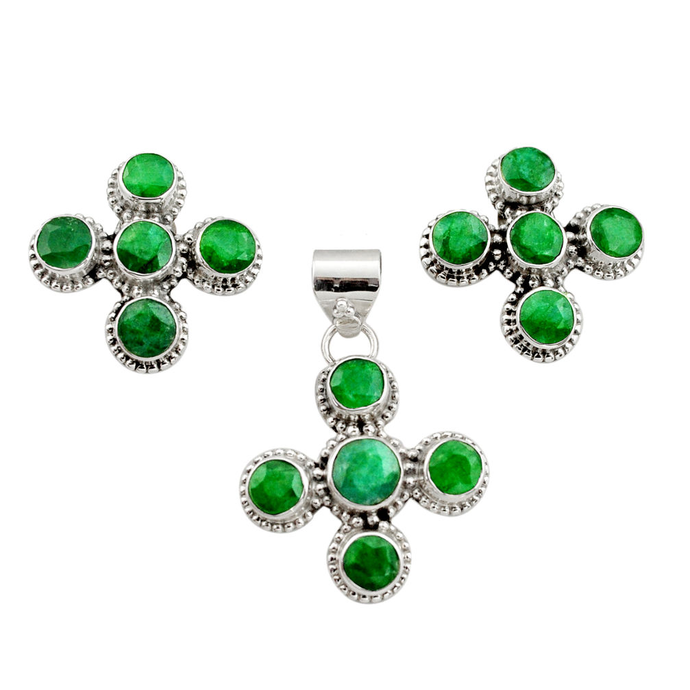 925 sterling silver 13.34cts natural green emerald pendant earrings set r12580