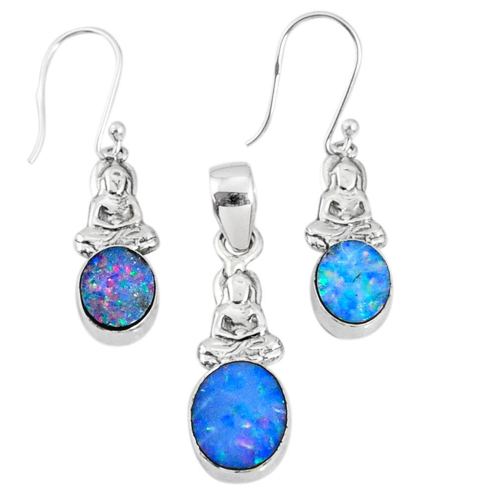 925 silver 5.97cts natural doublet opal australian pendant earrings set r69964