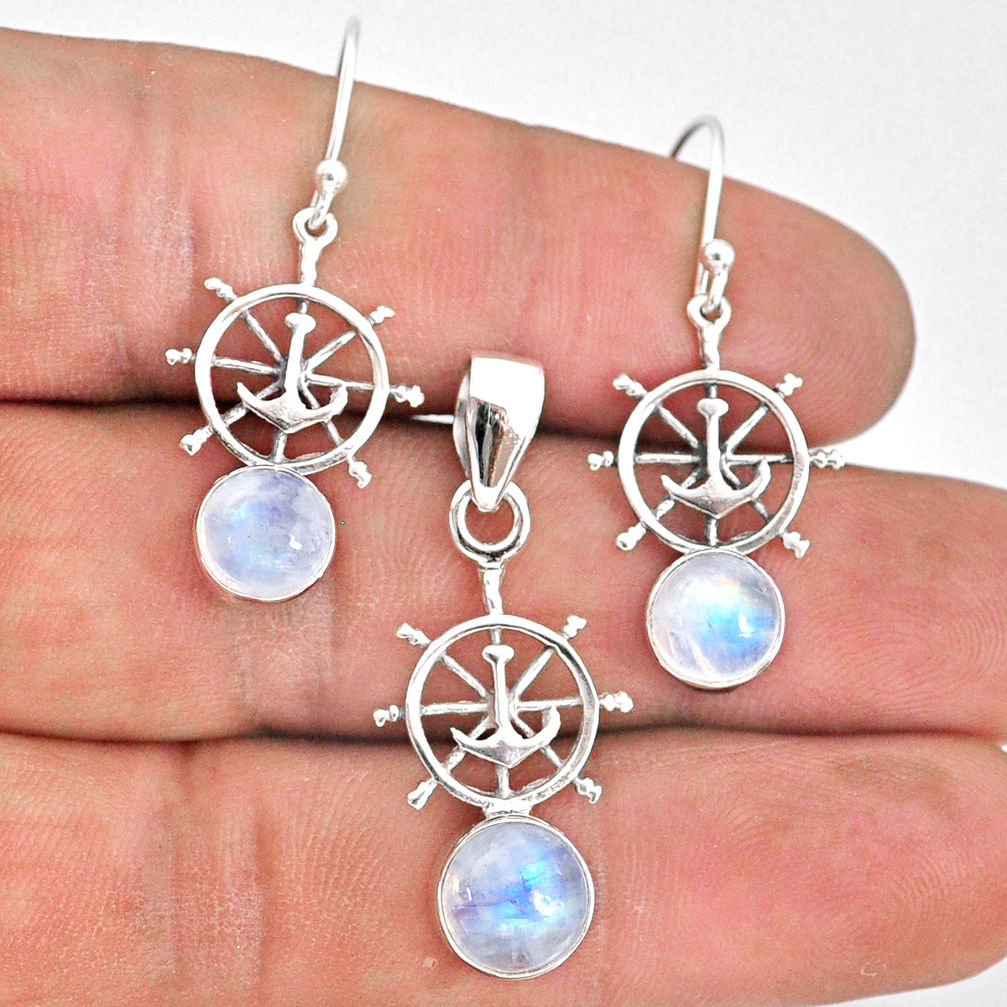 925 silver 5.53cts natural rainbow moonstone round pendant earrings set r70019