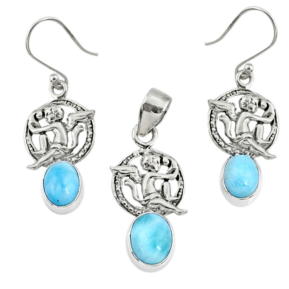 925 silver 7.99cts natural blue larimar angel charm pendant earrings set r70100
