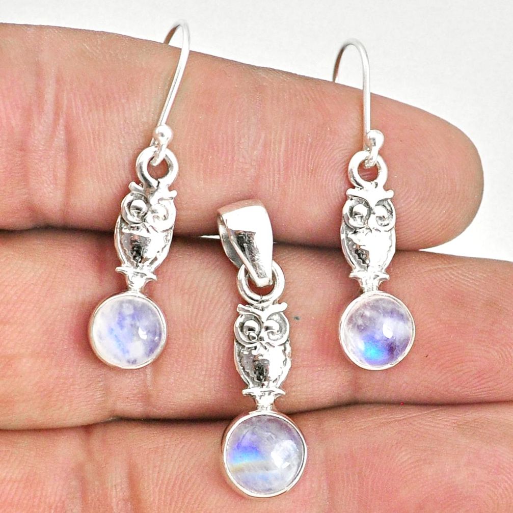 6.54cts natural rainbow moonstone 925 silver owl pendant earrings set r70256