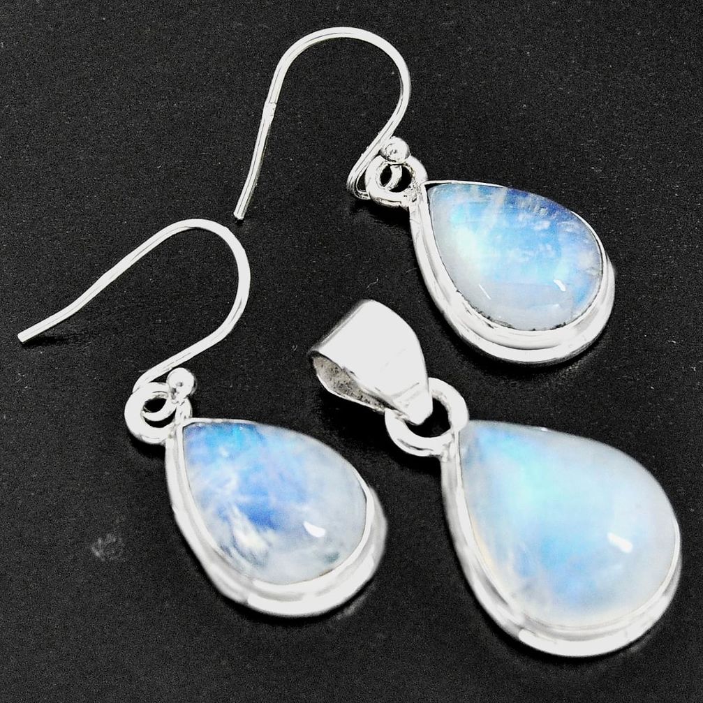 925 silver 21.32cts natural rainbow moonstone pear pendant earrings set r8831